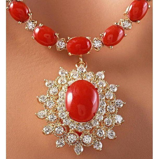 Yellow Gold 46 Ct. Red Coral And Diamonds Pendant Necklace New - Gemstone Necklace-harrychadent.ca