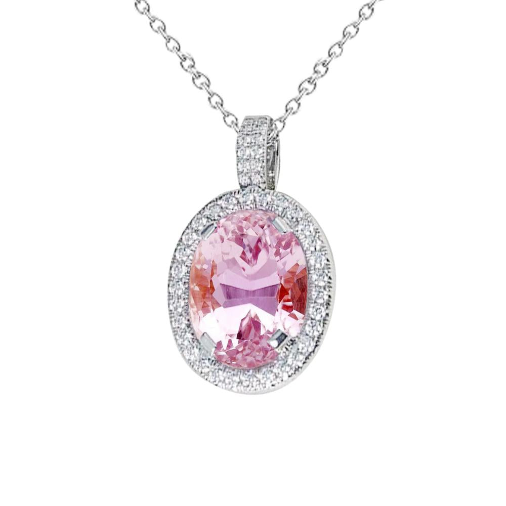 10.50 Carats Pink Oval Cut Kunzite Diamond Necklace Pendant Gold 14K - Gemstone Pendant-harrychadent.ca