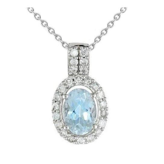11.00 Ct Prong Set Aquamarine And Diamonds Pendant 14K White Gold - Gemstone Pendant-harrychadent.ca