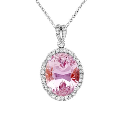 12.50 Carats Pink Oval Kunzite With Diamond Pendant White Gold 14K - Gemstone Pendant-harrychadent.ca