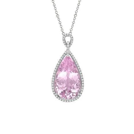 12.50 Ct Pear Cut Pink Kunzite With Diamond Pendant White Gold 14K - Gemstone Pendant-harrychadent.ca