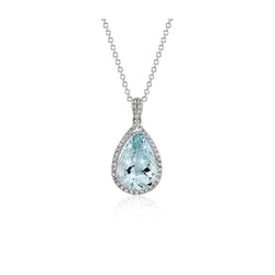 14K White Gold 9 Ct Pear Aquamarine With Natural Earth Mined Diamond Pendant New
