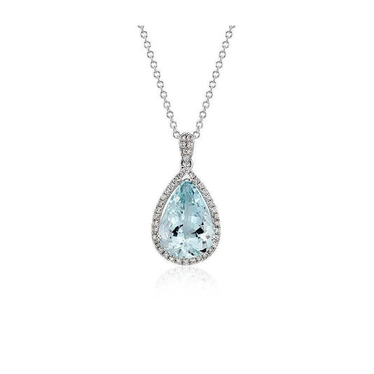 14K White Gold 9 Ct Pear Aquamarine With Diamond Pendant New - Gemstone Pendant-harrychadent.ca