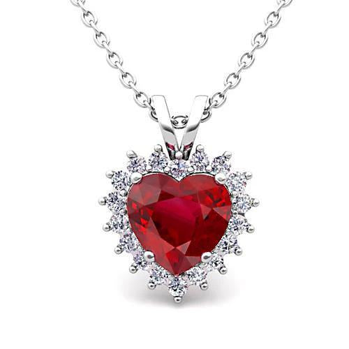 14K White Gold Pendant Necklace 5.50 Carats Red Ruby With Diamonds - Gemstone Pendant-harrychadent.ca