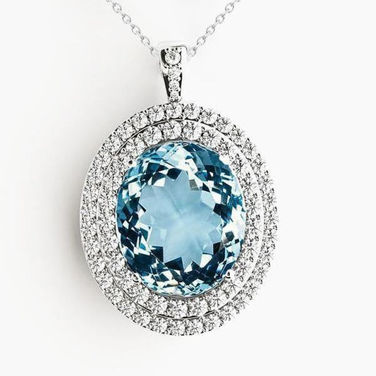 14K White Gold Pendant With Chain 14 Carats Aquamarine And Diamonds - Gemstone Pendant-harrychadent.ca