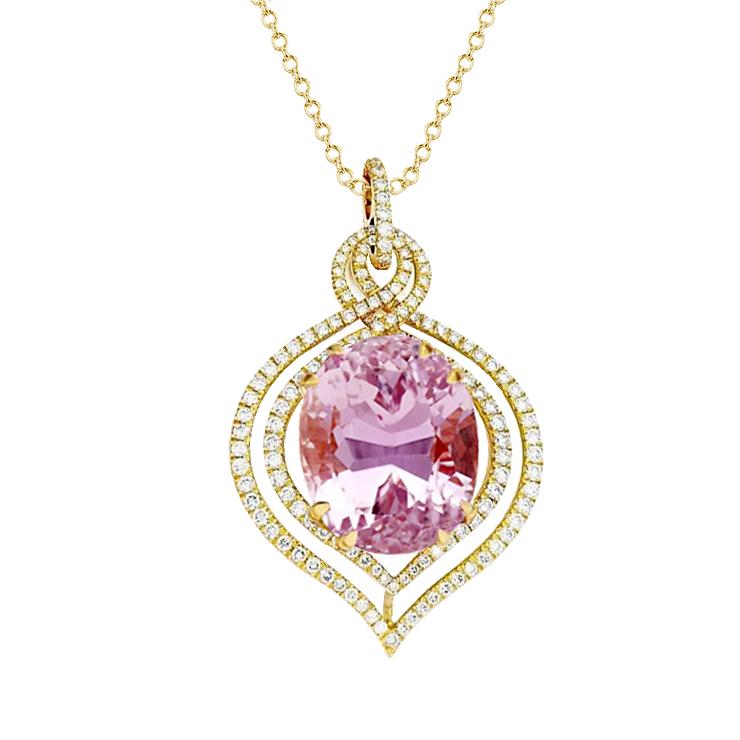 14K Yellow Gold Ladies Pink Kunzite Diamond Pendant Gemstone Jewelry - Gemstone Pendant-harrychadent.ca