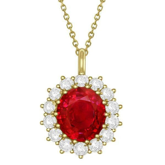 14K Yg Ruby And Diamonds 8.40 Carats Pendant Necklace With Chain - Gemstone Pendant-harrychadent.ca