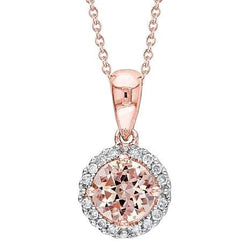 17.25 Ct Round Cut Morganite With Natural Earth Mined Diamonds Pendant Rose Gold 14K