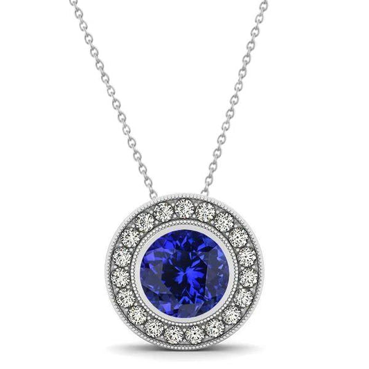17.50 Ct Round Cut Tanzanite With Diamonds Pendant White Gold 14K - Gemstone Pendant-harrychadent.ca