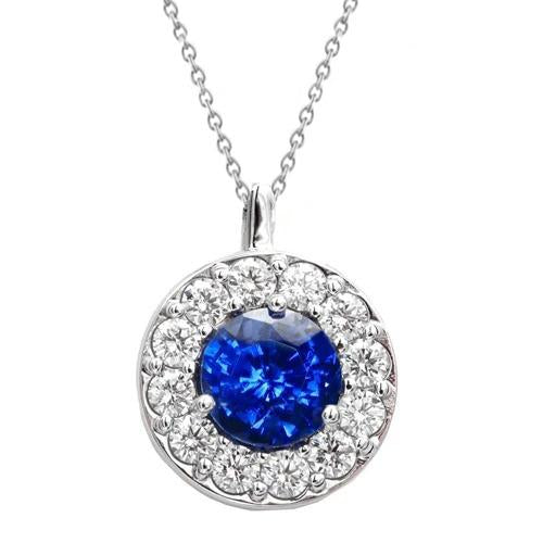 2.70 Ct Blue Sapphire With Diamonds Pendant Necklace White Gold 14K - Gemstone Pendant-harrychadent.ca