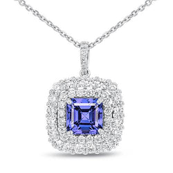 2.75 Carats Blue Tanzanite With Natural Earth Mined Diamonds Pendant Necklace Gold White