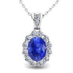 2 Carats Oval Cut Sri Lankan Sapphire Natural Earth Mined Diamond Pendant White Gold 14K
