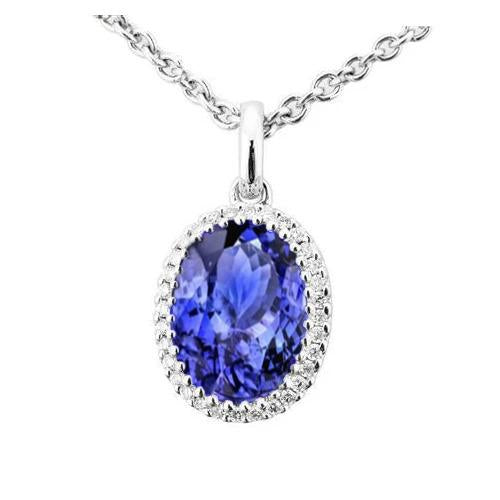 20.00 Ct Oval Tanzanite With Round Diamonds Pendant 14K White Gold - Gemstone Pendant-harrychadent.ca