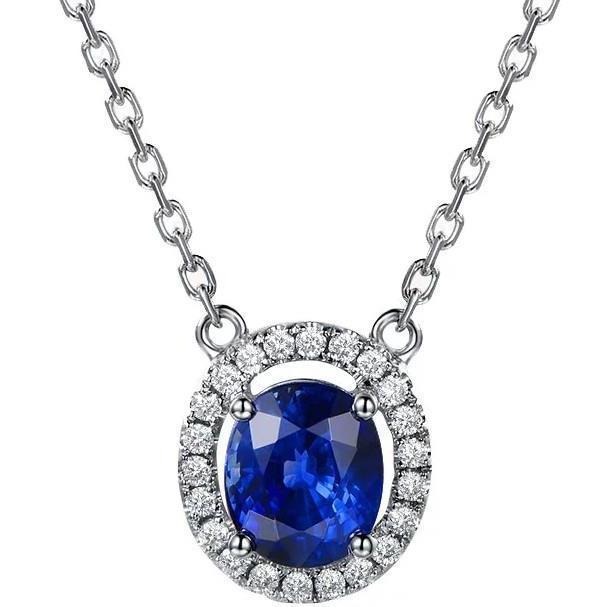 3.10 Carats Ceylon Sapphire Diamond Pendant Necklace White Gold 14K - Gemstone Pendant-harrychadent.ca