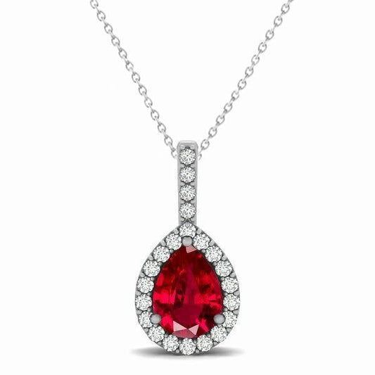 3.25 Carats Pear Ruby With Diamonds Pendant Necklace White Gold 14K - Gemstone Pendant-harrychadent.ca