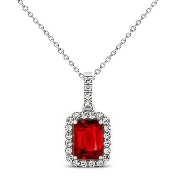 3.30 Carats Red Ruby Emerald Cut With Diamond Pendant Gold 14K - Gemstone Pendant-harrychadent.ca