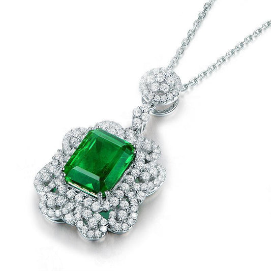 3.85 Carats Green Emerald And Diamonds Pendant Necklace 14K White Gold - Gemstone Pendant-harrychadent.ca