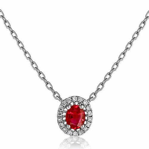 3 Ct. Oval Ruby With Round Diamonds Pendant Necklace White Gold 14K - Gemstone Pendant-harrychadent.ca