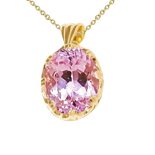 32 Carat Solitaire Big Pink Kunzite Pendant Necklace Yellow Gold - Gemstone Pendant-harrychadent.ca