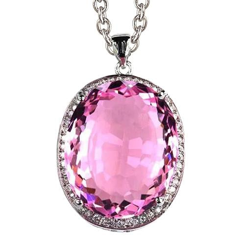 35.50 Carats Oval Pink Kunzite With Diamond Necklace Pendant Gold - Gemstone Pendant-harrychadent.ca