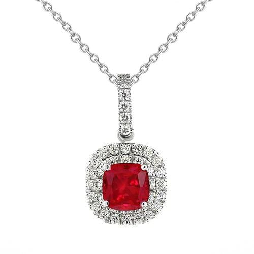 4 Carats Red Cushion Shaped Ruby Diamond Pendant White Gold 14K - Gemstone Pendant-harrychadent.ca