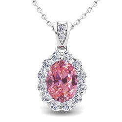 6.25 Carats Oval Cut Pink Sapphire And Natural Earth Mined Diamonds Pendant Necklace