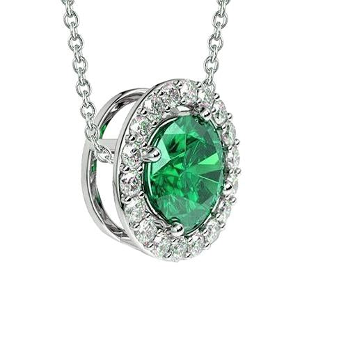 6.30 Carats Green Emerald And Diamonds Pendant Necklace 14K Gold White - Gemstone Pendant-harrychadent.ca