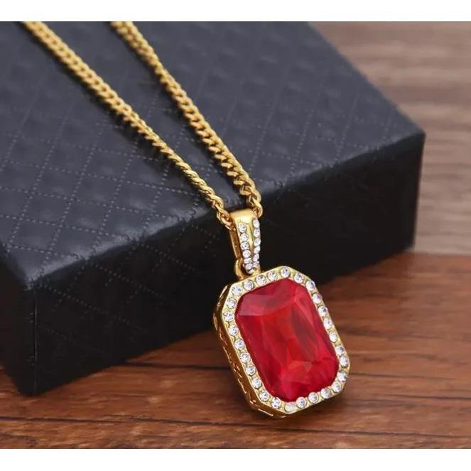 8.40 Carats Radiant Ruby With Round Diamonds Pendant Necklace 14K - Gemstone Pendant-harrychadent.ca