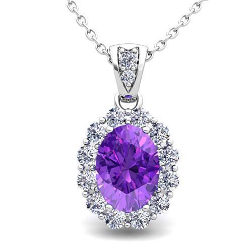Amethyst Gemstone Diamond Pendant Necklace 10.75 Ct. WG 14K - Gemstone Pendant-harrychadent.ca