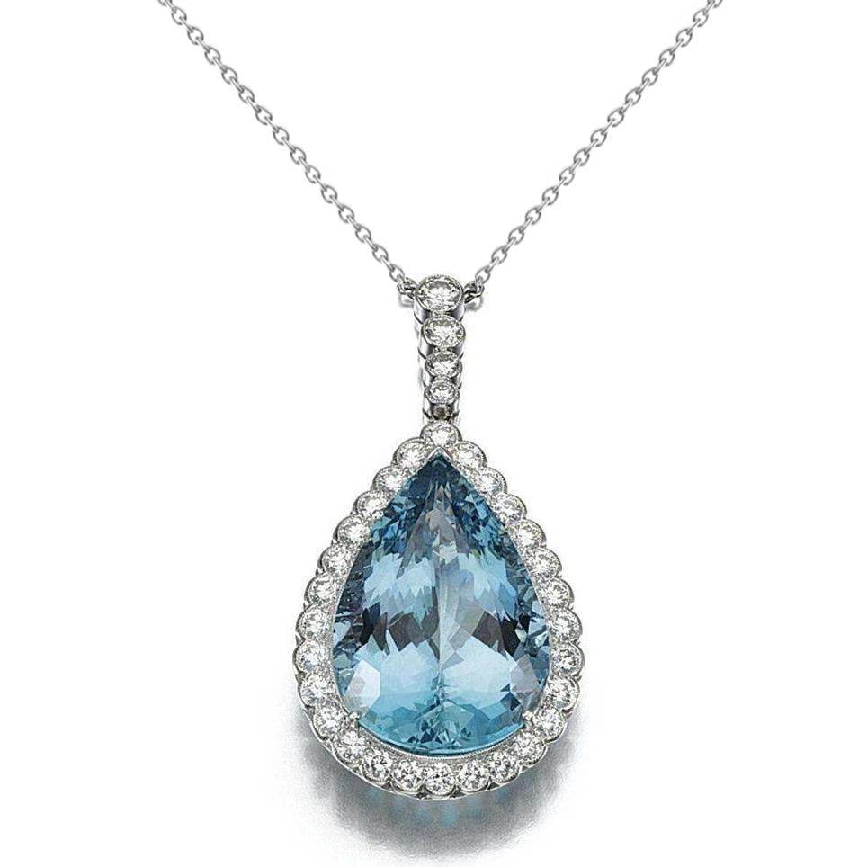 Aquamarine With Diamonds 12.75 Ct Pendant With Chain White Gold 14K - Gemstone Pendant-harrychadent.ca