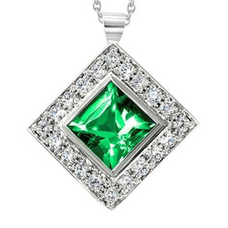Bezel Set Green Emerald With Diamonds Pendant Necklace 7.75 Ct.