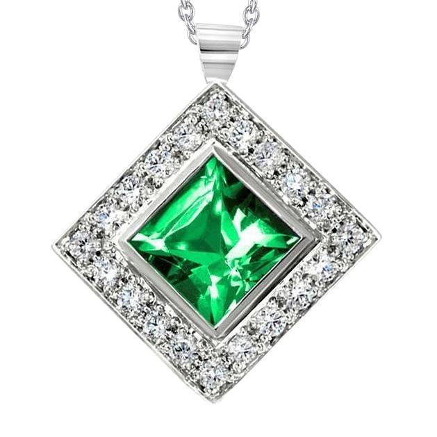 Bezel Set Green Emerald With Diamonds Pendant Necklace 7.75 Ct. - Gemstone Pendant-harrychadent.ca