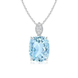 Big Cushion Cut Aquamarine With Diamonds 16.50 Ct Pendant 14K Gold