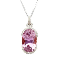 Big Oval Cut Pink Kunzite Diamond Ladies Pendant White Gold 34.50 Ct