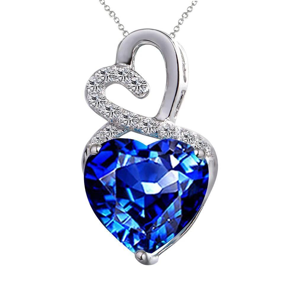 Blue Heart Sapphire And Round Diamond Pendant White Gold 14K 3 Ct - Gemstone Pendant-harrychadent.ca