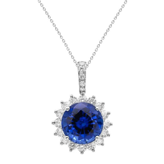 Blue Sapphire And Diamonds Pendant Necklace 8.40 Carats White Gold 14K - Gemstone Pendant-harrychadent.ca