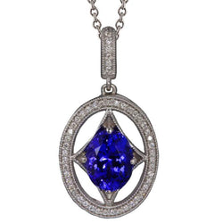 Blue Tanzanite And Natural Earth Mined Diamonds 3.00 Ct Pendant Necklace White Gold 14K