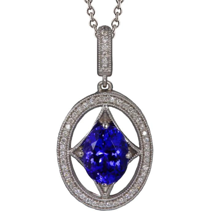 Blue Tanzanite And Diamonds 3.00 Ct Pendant Necklace White Gold 14K - Gemstone Pendant-harrychadent.ca