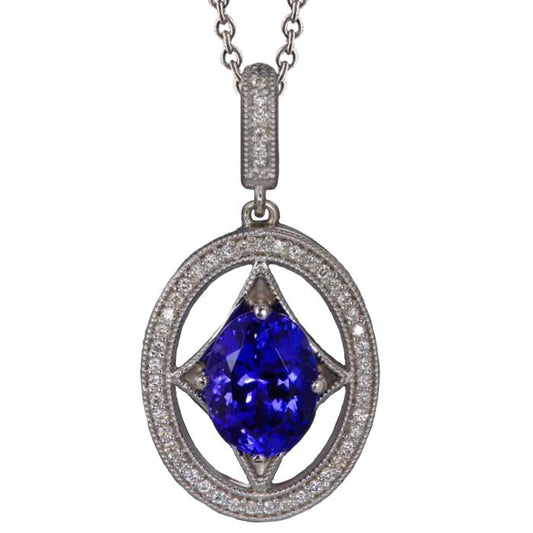 Blue Tanzanite And Diamonds 3.00 Ct Pendant Necklace White Gold 14K - Gemstone Pendant-harrychadent.ca