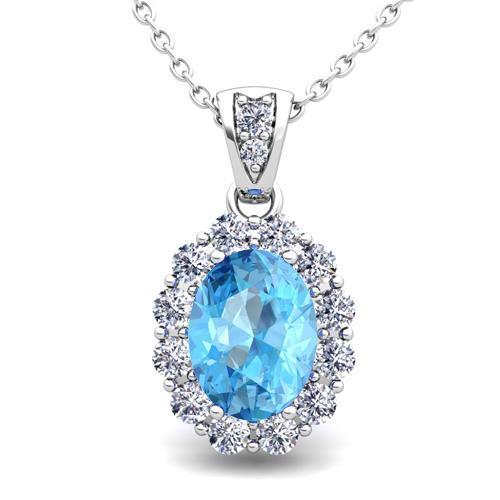 Blue Topaz & Diamond Halo Gemstone Pendant Necklace 10.90 Ct. WG 14K - Gemstone Pendant-harrychadent.ca