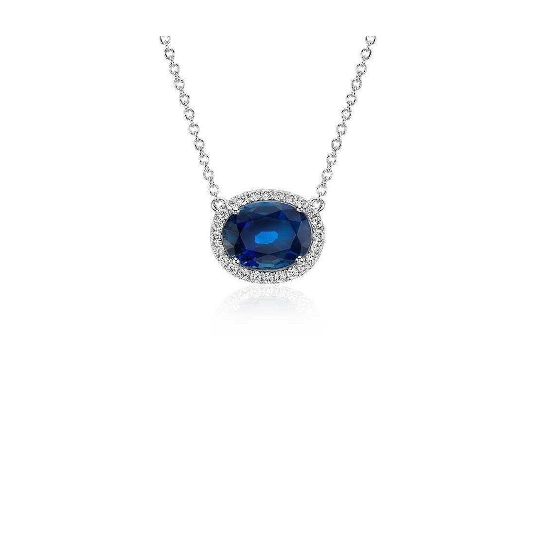 Ceylon Blue Sapphire Pendant Oval Cut Round Diamond Gold 14K 2.5 Ct - Gemstone Pendant-harrychadent.ca