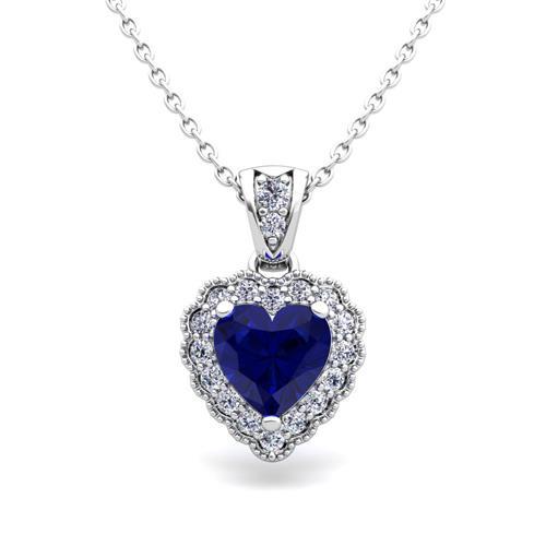 Ceylon Blue Sapphire Round Diamond Pendant Women Gold 14K 1.60 Ct. - Gemstone Pendant-harrychadent.ca