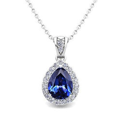 Ceylon Sapphire Pear Cut & Diamond Pendant Necklace 2.25 Ct WG 14K
