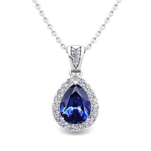 Ceylon Sapphire Pear Cut & Diamond Pendant Necklace 2.25 Ct WG 14K - Gemstone Pendant-harrychadent.ca