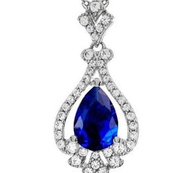 Ceylon Sapphire Pendant Natural Earth Mined Diamond 14K White Gold 1.90 Ct Pear Cut