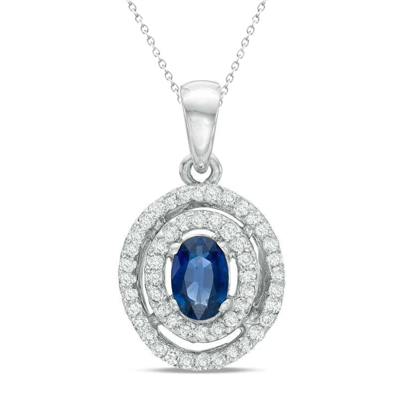 Circle Style Sri Lanka Sapphire Diamond Pendant Necklace 4 Ct. WG 14K - Gemstone Pendant-harrychadent.ca