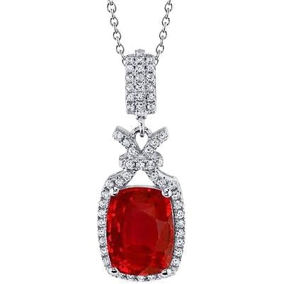 Cushion Cut Ruby With Diamond Pendant Necklace 13.20 Ct. WG 14K - Gemstone Pendant-harrychadent.ca