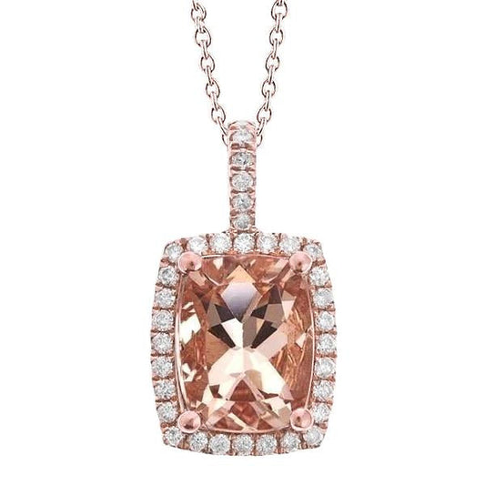 Cushion Morganite And Round Diamonds 16.50 Ct Pendant Rose Gold 14K - Gemstone Pendant-harrychadent.ca