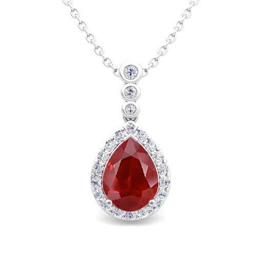 Diamond & Pear Cut Ruby Gemstone Pendant Necklace 4.50 Carats WG 14K - Gemstone Pendant-harrychadent.ca