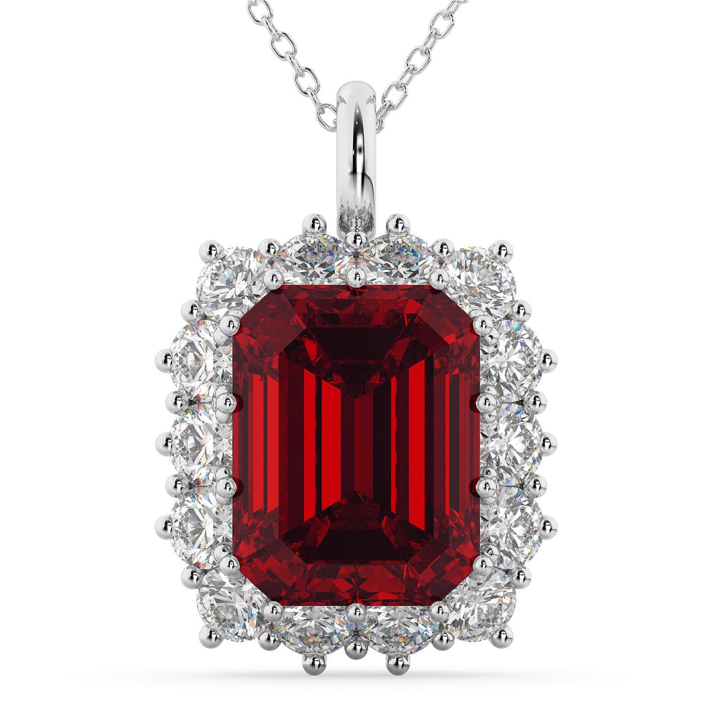 Emerald Cut Red Ruby And Diamond Women Pendant White Gold 9.75 Ct. - Gemstone Pendant-harrychadent.ca